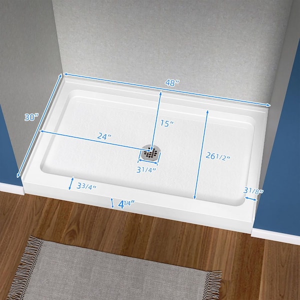 Zeno 48 in. L x 30 in. W Acrylic Alcove Single Threshold Non-Slip Shower Base Pan with Center Drain Cover in White