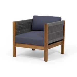 Carrie Acacia Wood and Rope Outdoor Lounge Chair with Dark Gray Cushions