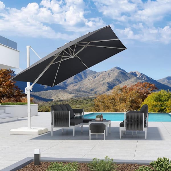 PURPLE LEAF 10 ft. Square Outdoor Patio Cantilever Umbrella White Aluminum Offset 360° Rotation Umbrella with Base, Light Gray