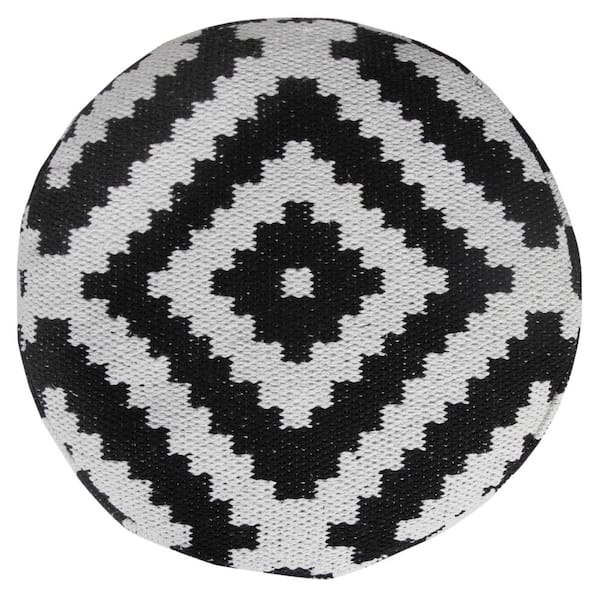 Textured Diamond Medallion Indoor Cotton Pouf, Black And White, 18