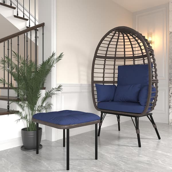 Sudzendf Brown Wicker Patio Swing Egg Chair with Blue Cushion, Indoor Outdoor Lounger for Patios, Living Room