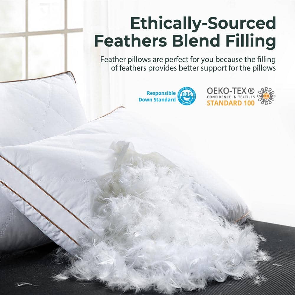 Standard Size White Goose Feather Down Pillow Set with Cotton Cover