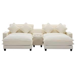 112.6 in. Wide Square Arm Chenille Rectangle Modern Upholstered Removable Ottoman Sofa in Beige