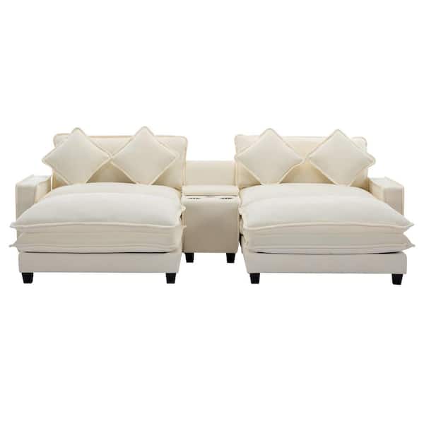 Z-joyee 112.6 in. Wide Square Arm Chenille Rectangle Modern Upholstered Removable Ottoman Sofa in Beige