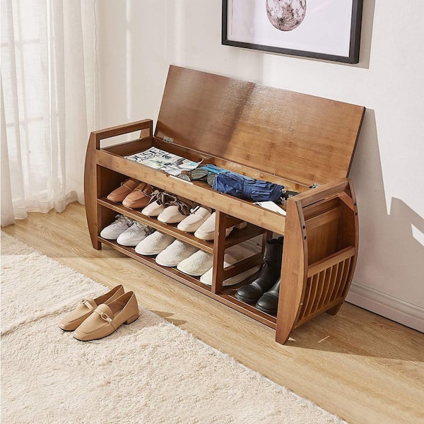 Shoe Storage Bench With Cushion 2-Tier Wooden Shoe Rack Bench for Entryway, Hallway, Bedroom, Living Room