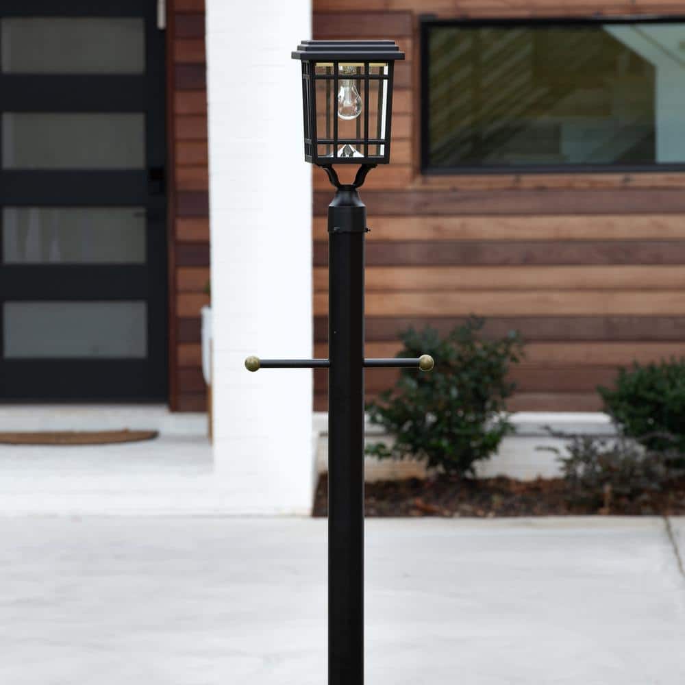 Grand Prairie Black Solar LED Lamp Post with Glass Panels