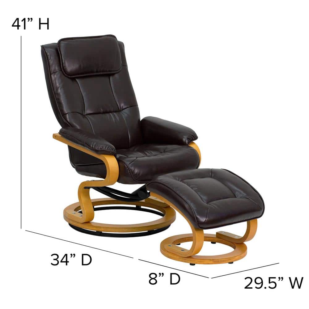 Brown Leather Swivel Recliner with Wood Frame