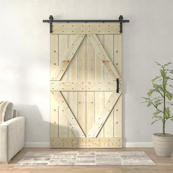 COAST SEQUOIA INC Coast Sequoia 30 in. x 80 in. Embossing Unfinished Solid Pine Wood Bi-Fold Barn Door with Sliding Hardware Kit