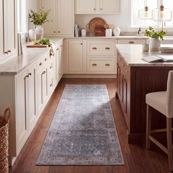 Tucson 3 ft. x 12 ft. Green Blue/Beige Distressed Ornate Washable Runner Rug