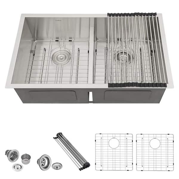 30 in. x 19 in. x 10 in. Double Bowl Undermount Kitchen Sink 16-Gauge Stainless Steel with Bottom Grid