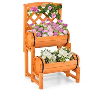 2-Tier Wooden Raised Garden Bed Container with 2 Cylindrical Planter Boxes and Trellis