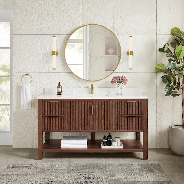 Tehran 60 in.W x 22 in.D x 33.9 in.D Single Bath Vanity in Aged Dark Brown Oak with White Engineered Stone Top