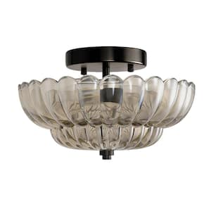 11.6 in. 3-Light Modern Black Semi Flush Mount Ceiling Light with Clear Glass Fan-Shaped Glass Shade No Bulbs Included