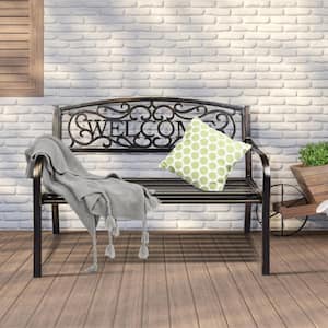 50 in. W Metal Garden Outdoor Bench Elegant Bronze Finish Bench with Durable Metal Frame and Welcome Patten