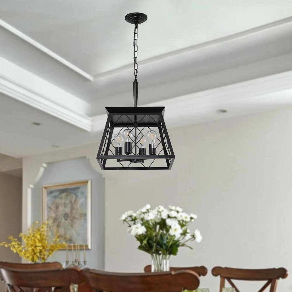 Black Metal Square Lantern Pendant Chandelier with Adjustable Chain
