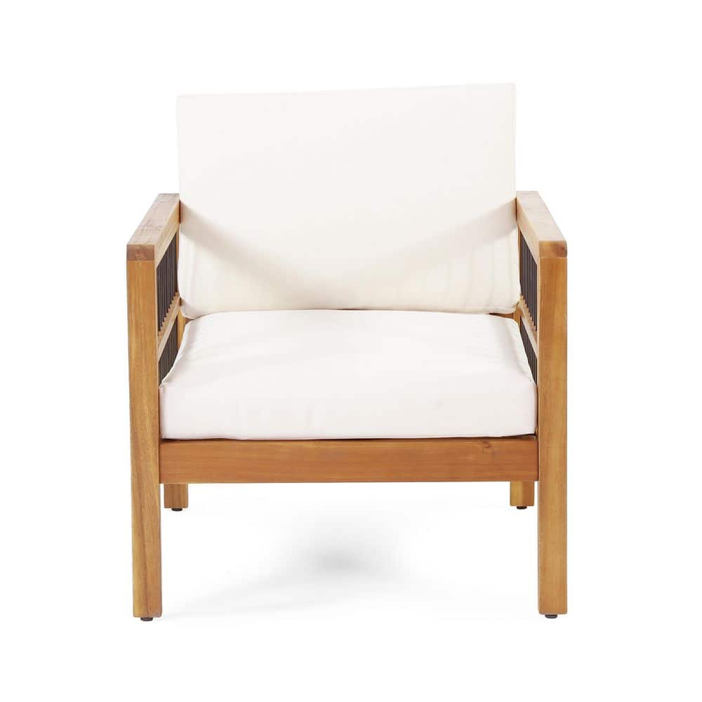 1-Piece Teak Acacia Wood Outdoor Lounge Chair with Beige Waterproof Thick C