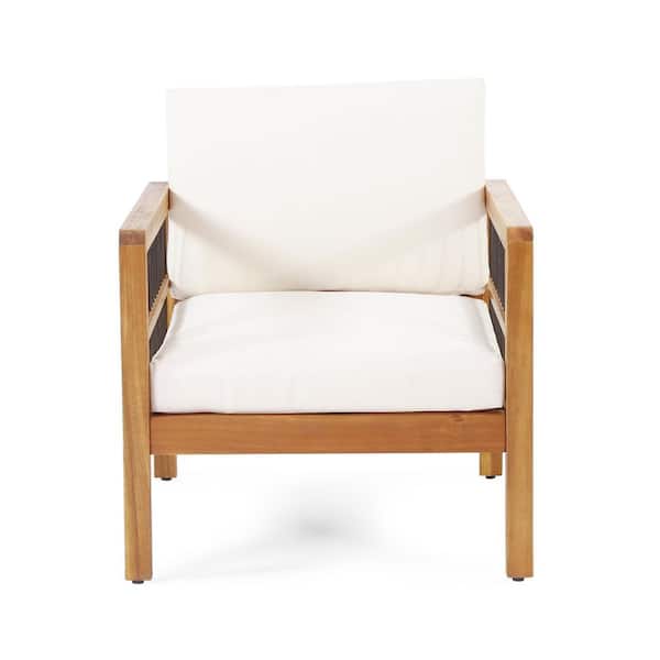 Unbranded 1-Piece Teak Acacia Wood Outdoor Lounge Chair with Beige Waterproof Thick Cushions for Garden, Backyard Porch Balcony