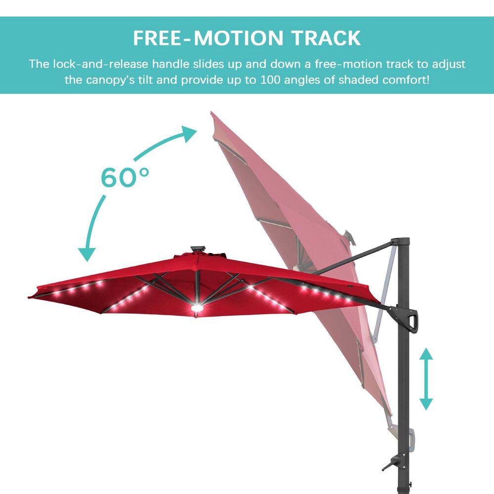 Red Solar LED Cantilever Patio Umbrella with Powder-Coated Aluminum Pole