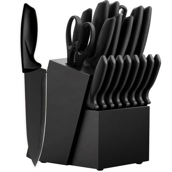 20-Piece German Stainless Steel Knife Block Set with Built-In Sharpener, Peeler, and Black Non-Stick Blades