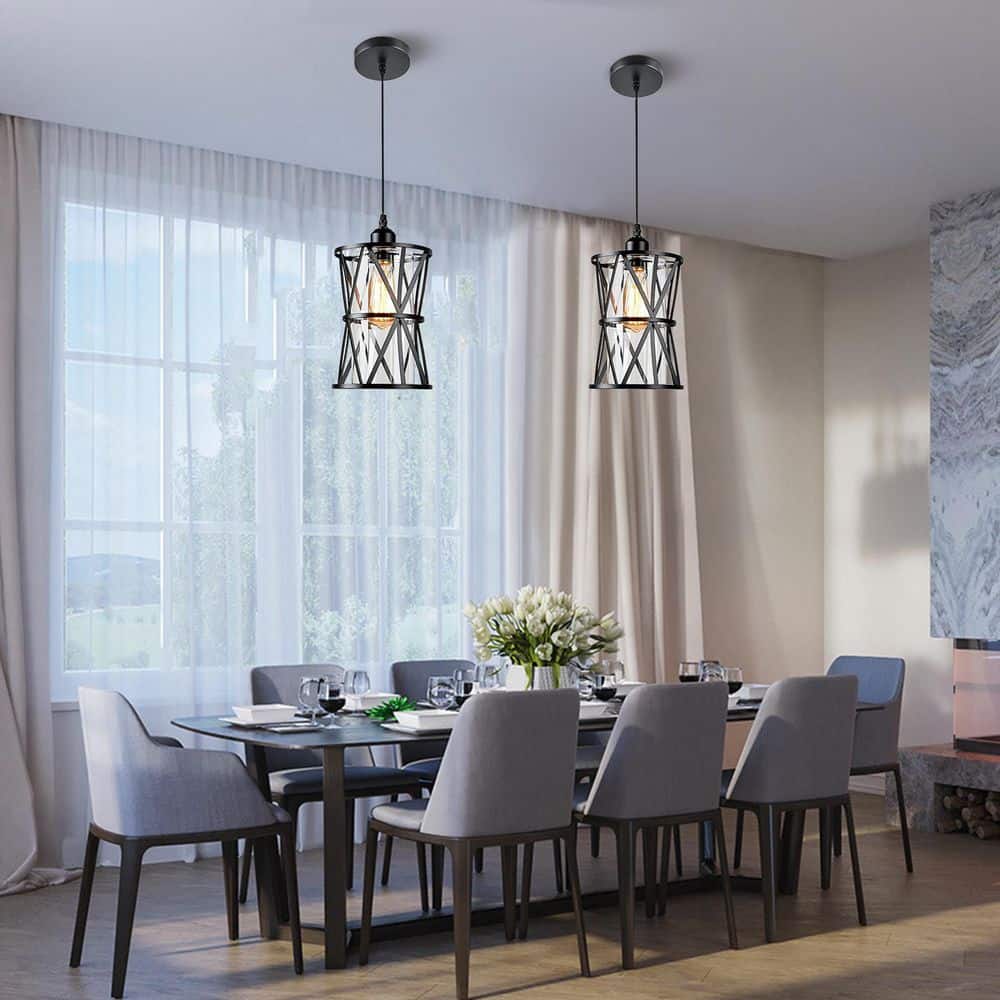 Black Metal Cage Mini Pendant Light with Clear Glass Shade