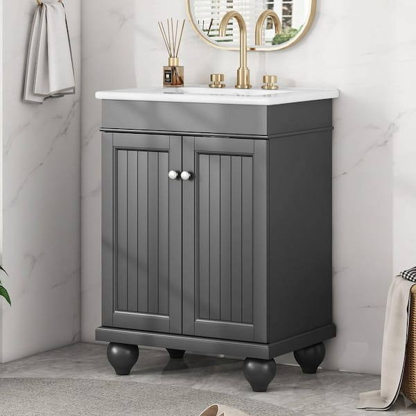 24 in. W x 18 in. D x 34 in. H Black Linen Cabinet, 24 in. Black Modern Sleek Bathroom Vanity Elegant Ceramic Sink