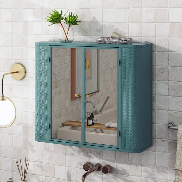 28 in. W x 24 in. H Army Green Rectangular Metal Medicine Cabinet with Mirror Glass Shelf