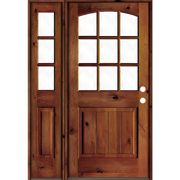 Krosswood Doors 46 in. x 80 in. Alder Left-Hand/Inswing 9-Lite Clear Glass Red Chestnut Stain Wood Prehung Front Door with Left Sidelite