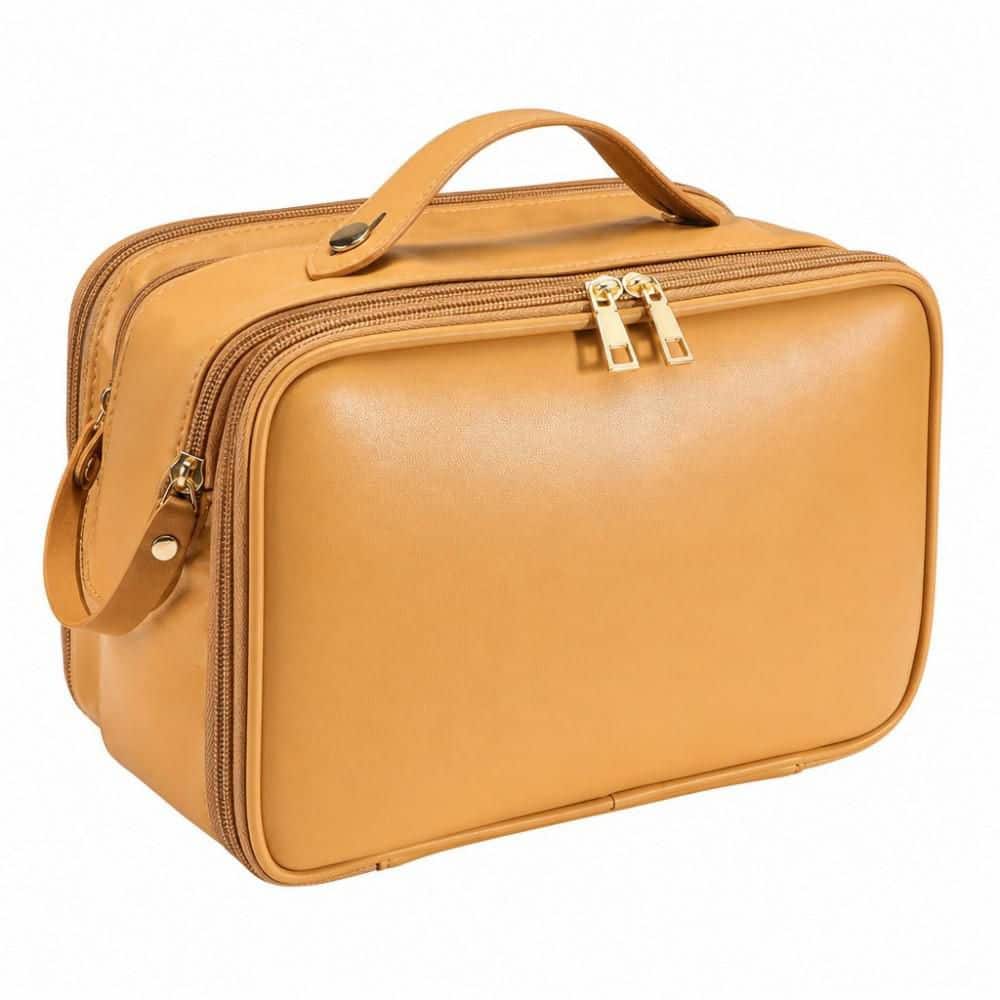 Large Capacity Travel Garment Bag in Orange, PU Leather, 3 Compartments, Waterproof Makeup Organizer with Brush Holder