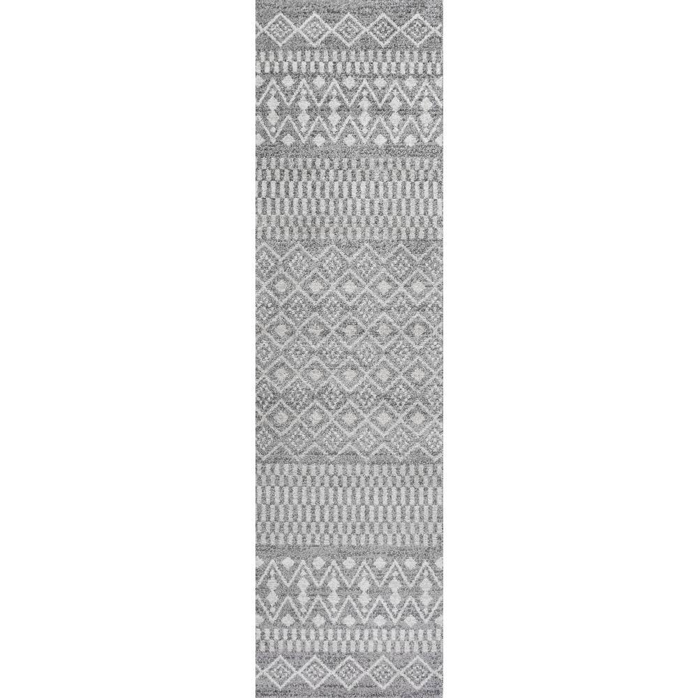 Gray and Cream Geometric Stripe Synthetic Runner Rug, 2 x 8