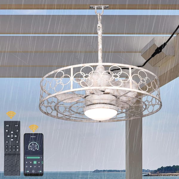 Trevina 23.6 in. Outdoor Distressed White Dimmable Farmhouse Caged Smart Ceiling Fan with Light and Remote for Patio