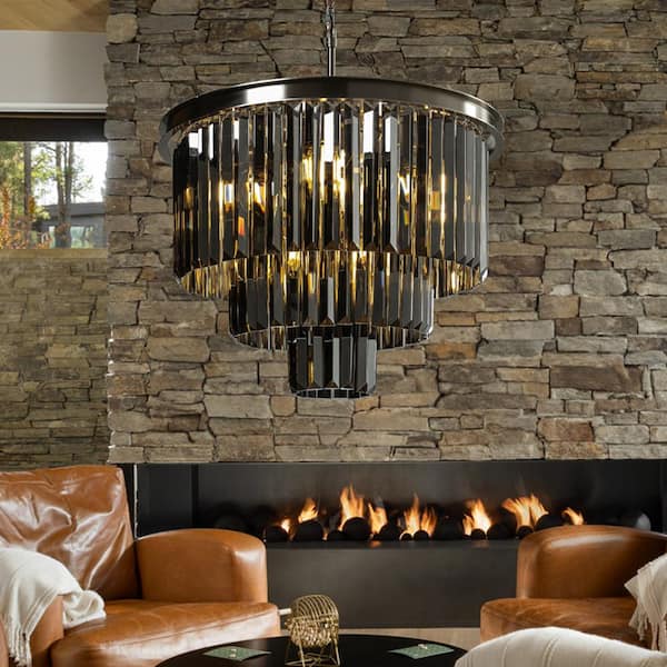 10-Light W 20 in. Modern Round Fringe Crystal Chandelier in Polished Nickel with Luxury Tiered Smoke Crystal Accents