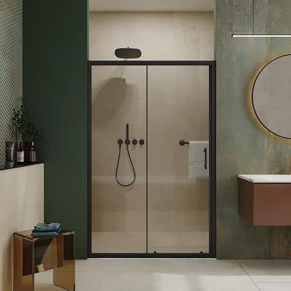 60.in W x 72.in H Single Sliding Shower Door, 1/4 in. Thick Clear Tempered Glass Door with Stainless Steel Handle Black