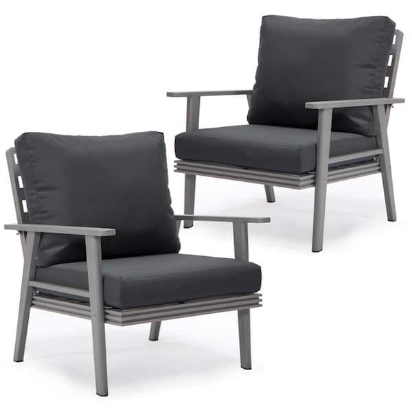 Leisuremod Walbrooke Modern Outdoor Arm Chair with Grey Powder Coated Aluminum Frame and Removable Cushions Set of 2 (Charcoal)
