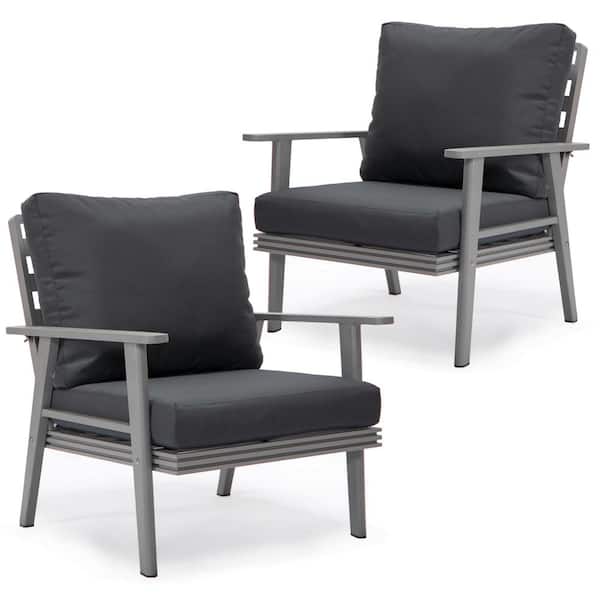 Leisuremod Walbrooke Modern Grey Outdoor Arm Chair with Powder Coated Aluminum Frame and Removable Cushions in Charcoal Set of 2