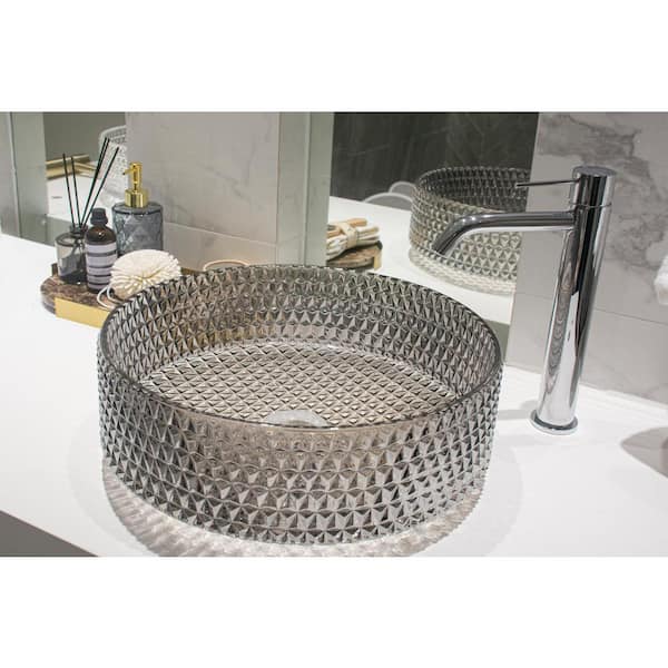 Runesay 14.17 in. Gray Crystal Glass Circular Vessel Sink Bathroom Sink