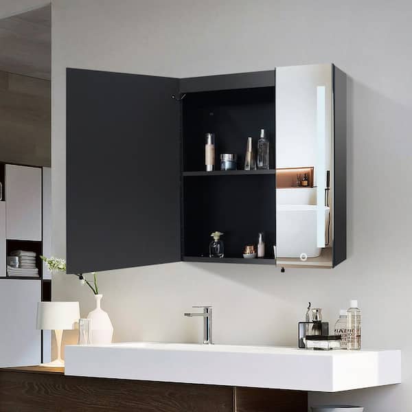 Tenleaf 36 in. W x 26 in. H Rectangular Metal Medicine Cabinet with Mirror, Mirror Cabinet with LED Lights and Defog Function