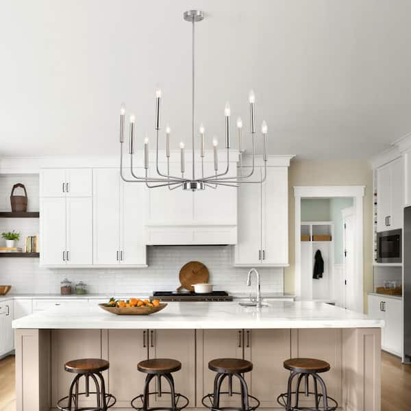 12-Light Nickel Candlestick Hanging Island Linear Chandelier Lighting for Kitchen Island