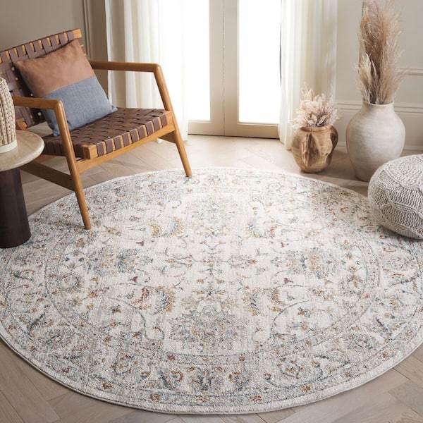 Avalon 7 ft. x 7 ft. Ivory/Light Blue Ornate Distressed Border Round Area Rug