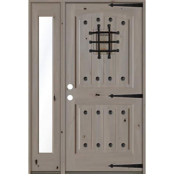Krosswood Doors 50 in. x 80 in. Mediterranean Knotty Alder Right-Hand/Inswing Clear Glass Grey Stain Wood Prehung Front Door w/Sidelite