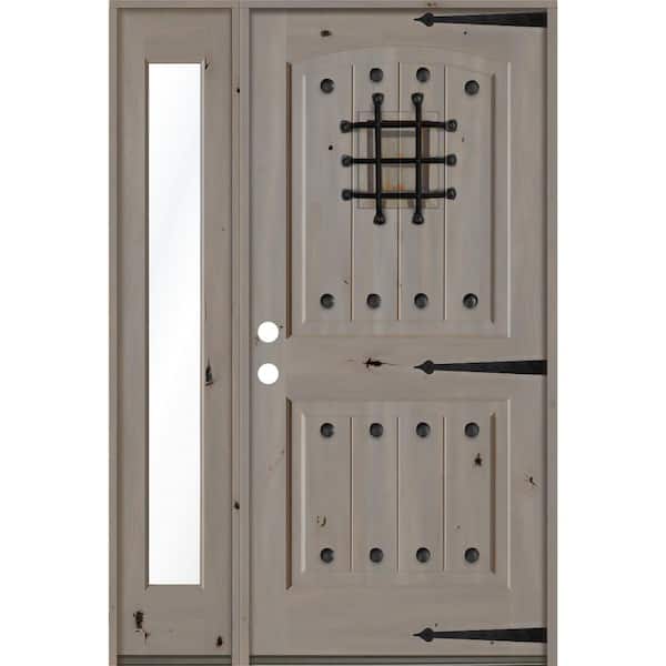 Krosswood Doors 56 in. x 80 in. Mediterranean Knotty Alder Right-Hand/Inswing Clear Glass Grey Stain Wood Prehung Front Door w/Sidelite