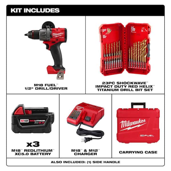 M18 FUEL 18V 1/2 in. Drill/Driver Kit w/ (3) 5. 0Ah Batteries, Hard Case with SHOCKWAVE 23-Pc Titanium Set