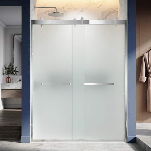 UNIKOO UKD08 60 in. W x 76 in. H Double Sliding Semi-Frameless Shower Door in Chrome with EnduroShield 5/16 in. Acid-Etch Glass