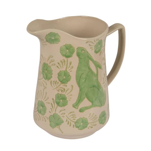 96 fl. oz. Green Stoneware Hand-Painted Pitcher with Rabbit and Floral Motif