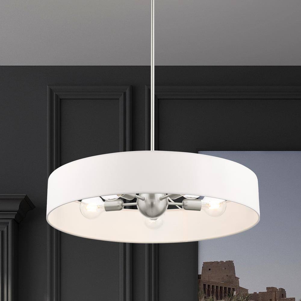 Elegant Brushed Nickel 5-Light Drum Pendant with Crystal Accents and Off-White Shade