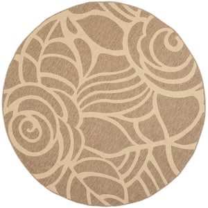 Courtyard Coffee/Sand 7 ft. x 7 ft. Round Floral Indoor/Outdoor Patio  Area Rug