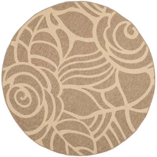 SAFAVIEH Courtyard Coffee/Sand 7 ft. x 7 ft. Round Floral Indoor/Outdoor Patio  Area Rug