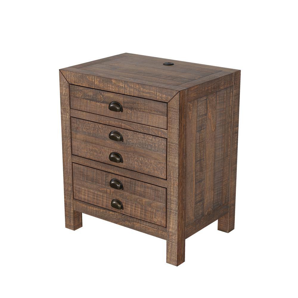 Rustic Brown Solid Pine Wood 3-Drawer Nightstand with Cup Pulls