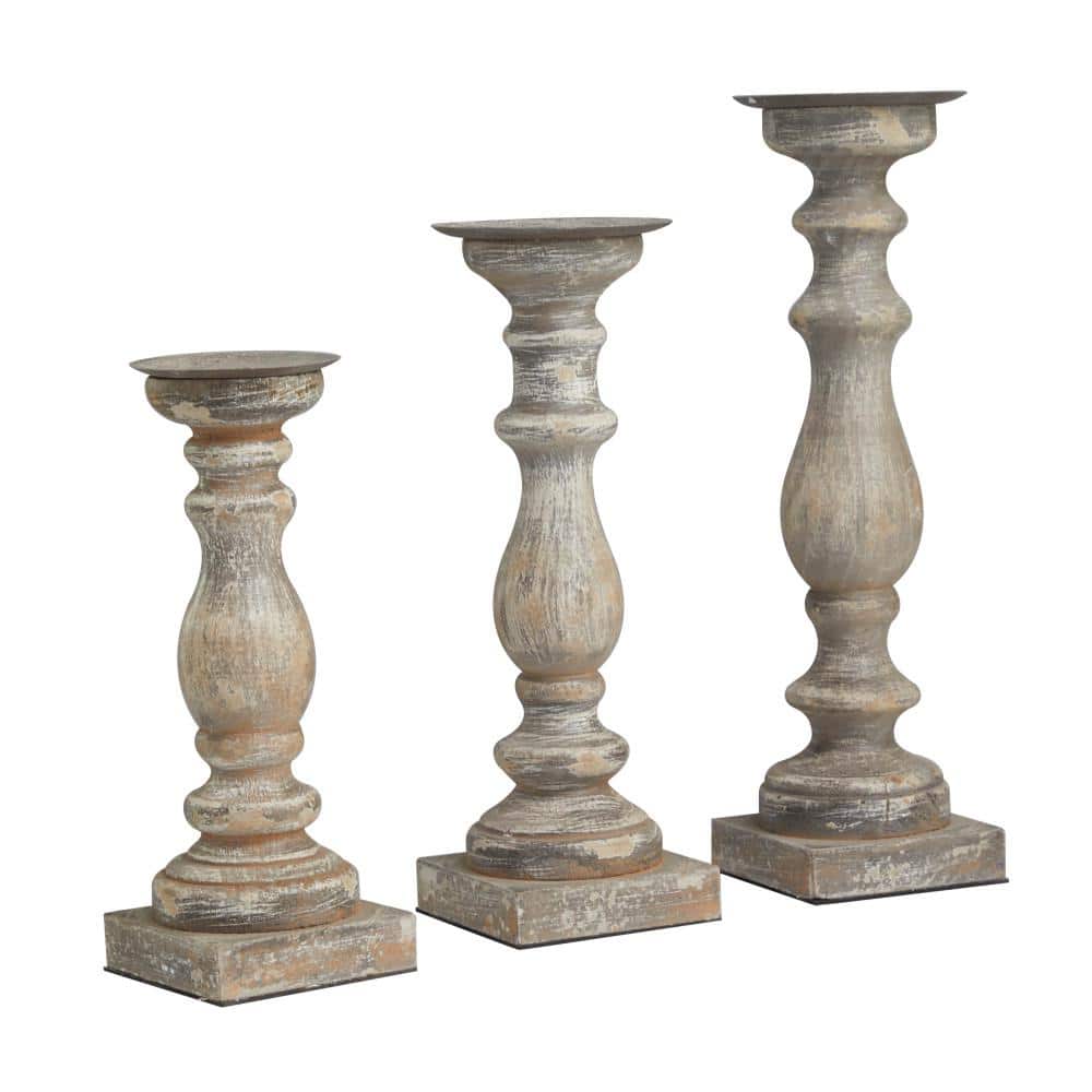 Elegant Rustic Brown Wooden Candlestick Trio, 15" Height
