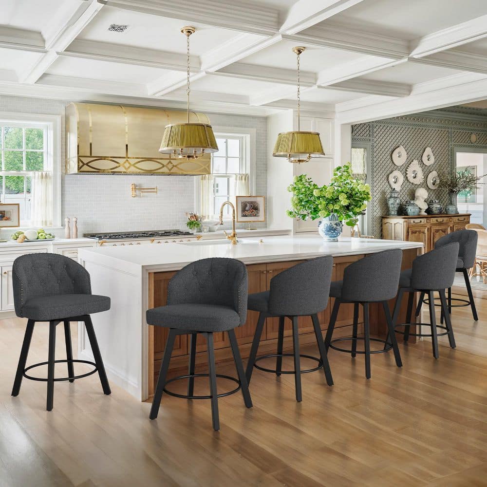 Arturo 26 in.Dark Gray Linen Fabric Upholstered Swivel Bar Stool with Metal Frame Nailhead Counter Barstool Set of 6