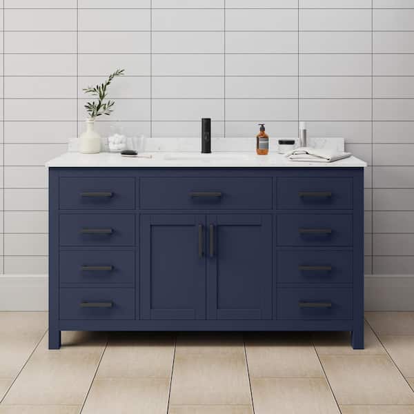 Wyndham Collection Beckett 60 in. W x 22 in. D x 35 in. H Single Sink Bathroom Vanity in Dark Blue with Carrara Cultured Marble Top